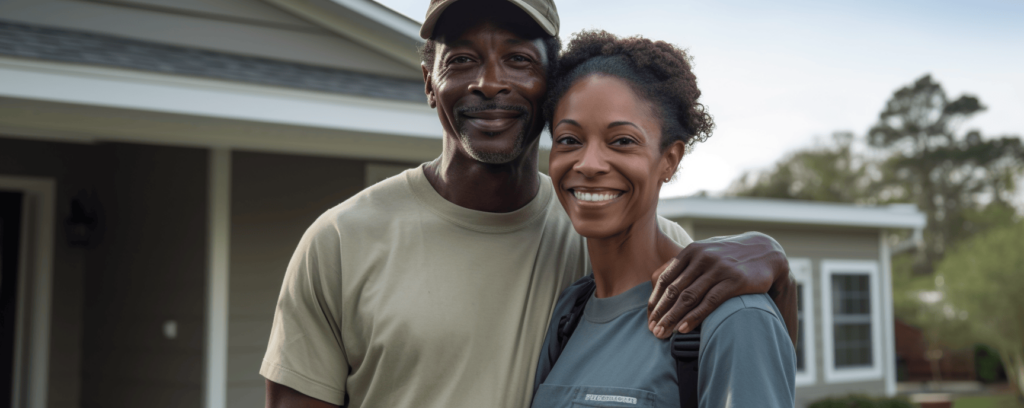 Happy couple standing in front of home from ERAP benefits help