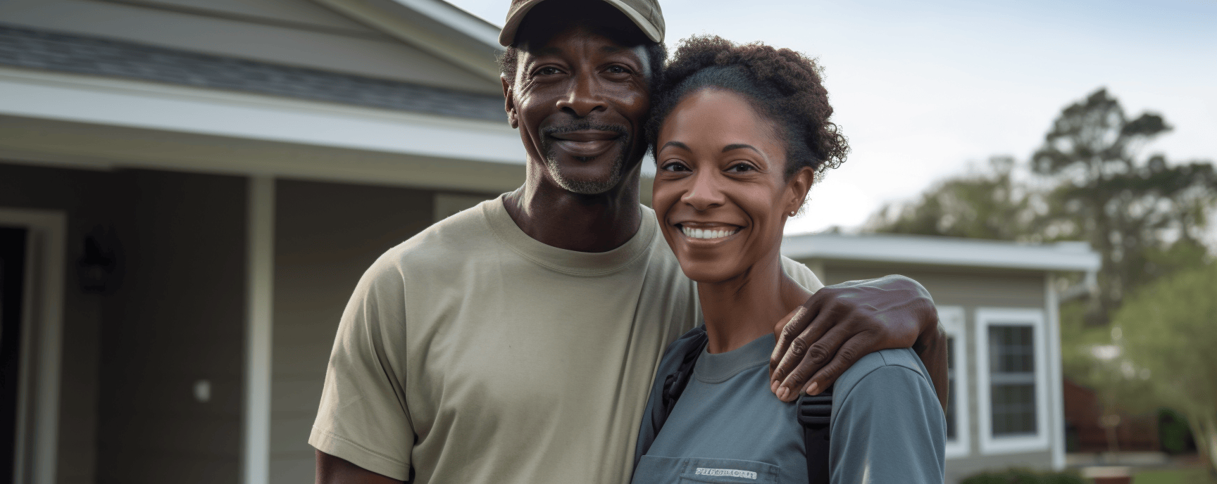 Happy couple standing in front of home from ERAP benefits help