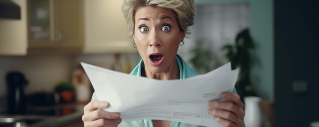 Woman looking at medical bills surprised