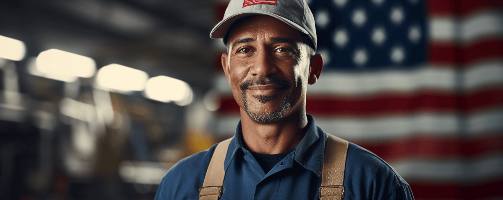 Blue collar worker standing in front of American flag