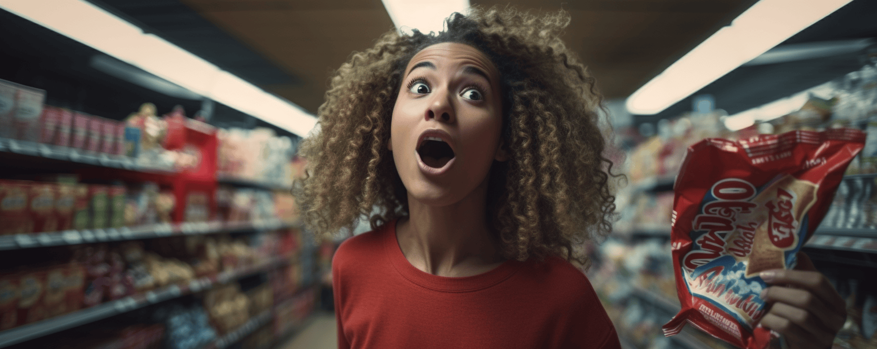Woman surprised shopping for food with SNAP EBT benefits