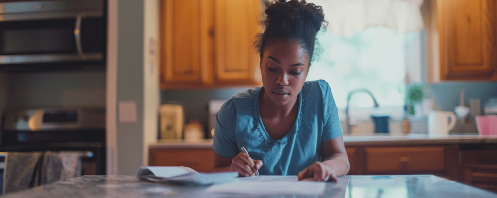 Woman sitting at dinner table applying for lifeline program