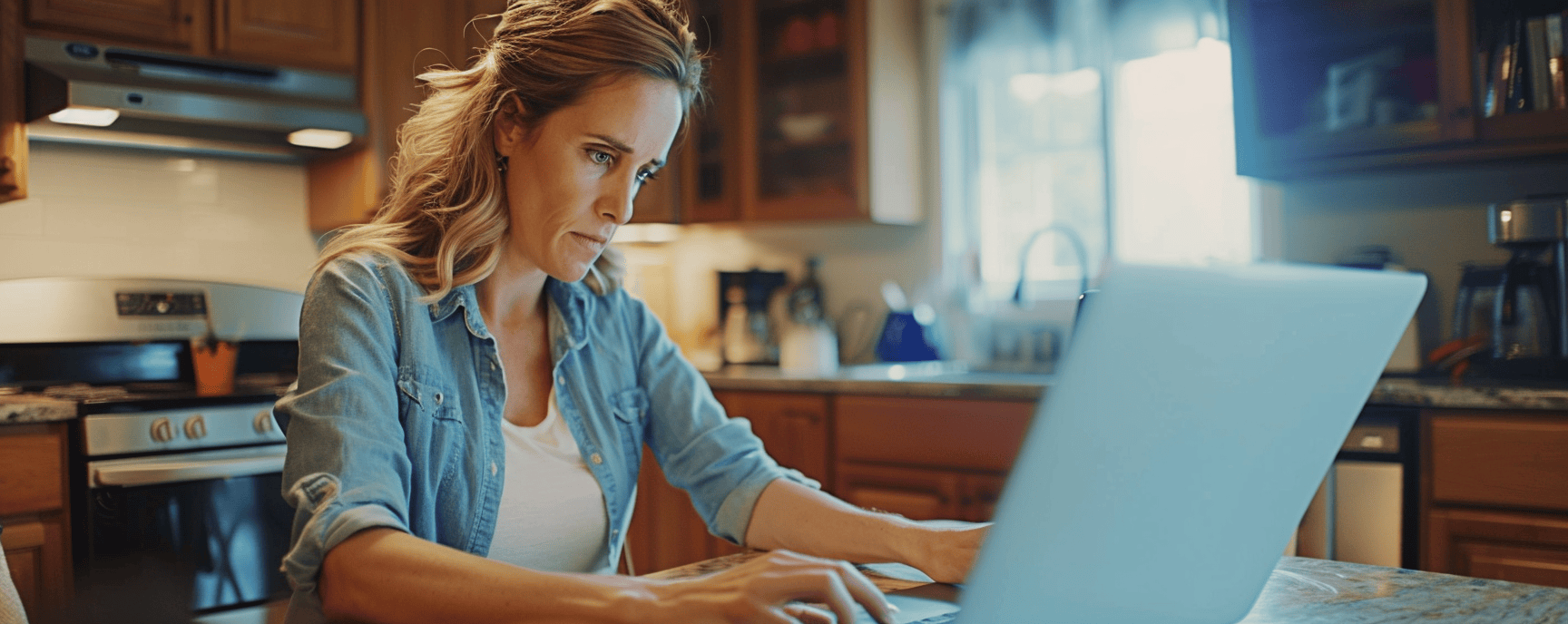 White woman applying for the Lifeline program at kitchen table